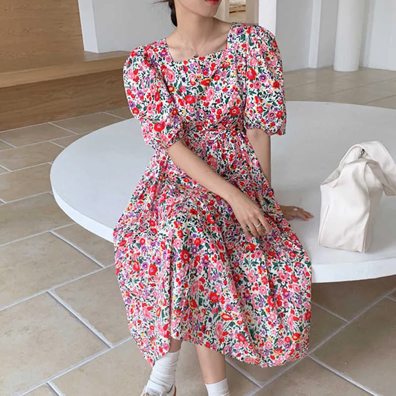 コレヒパアの女性のドレス韓国のシックな夏のレトロなエレガントな正方形の襟壊れた花のバブルスリーブドレスロングスカート女性210526