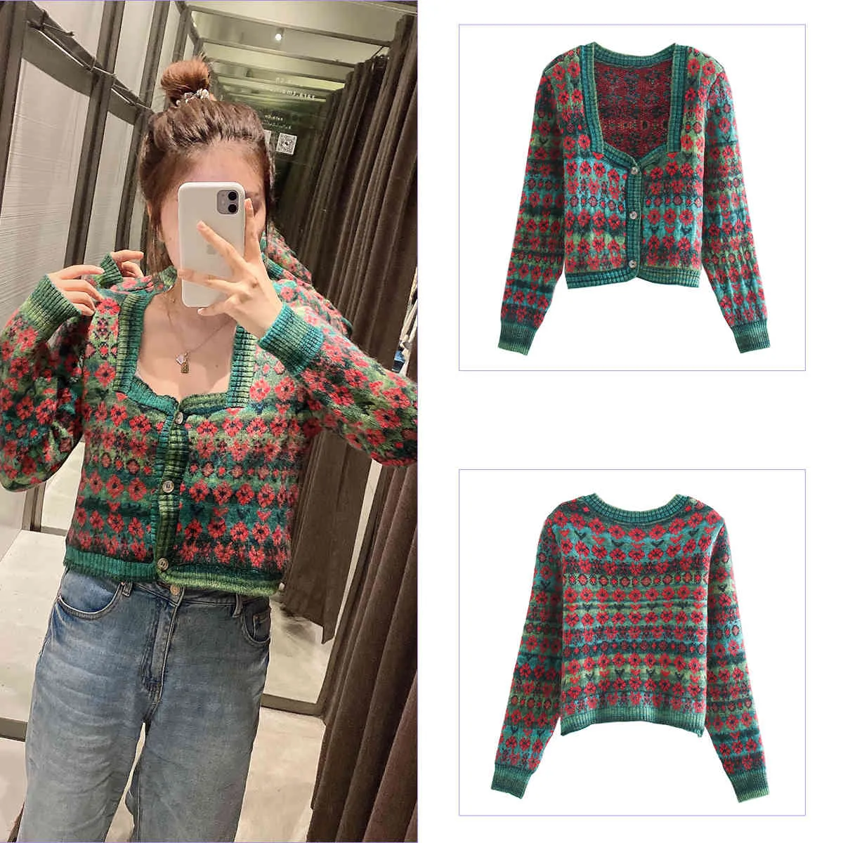 Jastie Vintage Knit Jacquard Jacket Sweater Square Neck Long Sleeve Autumn Winter Sweater Cardigan Top Pull femme Christmas 210419