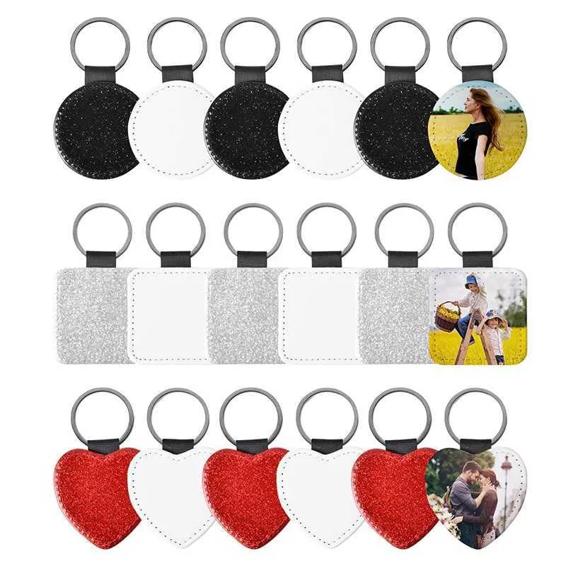 Sublimation Blank Keychain Heat Transfer Pu Leather Keychain Round Square Shape Keychain for Present Diy Making H0915