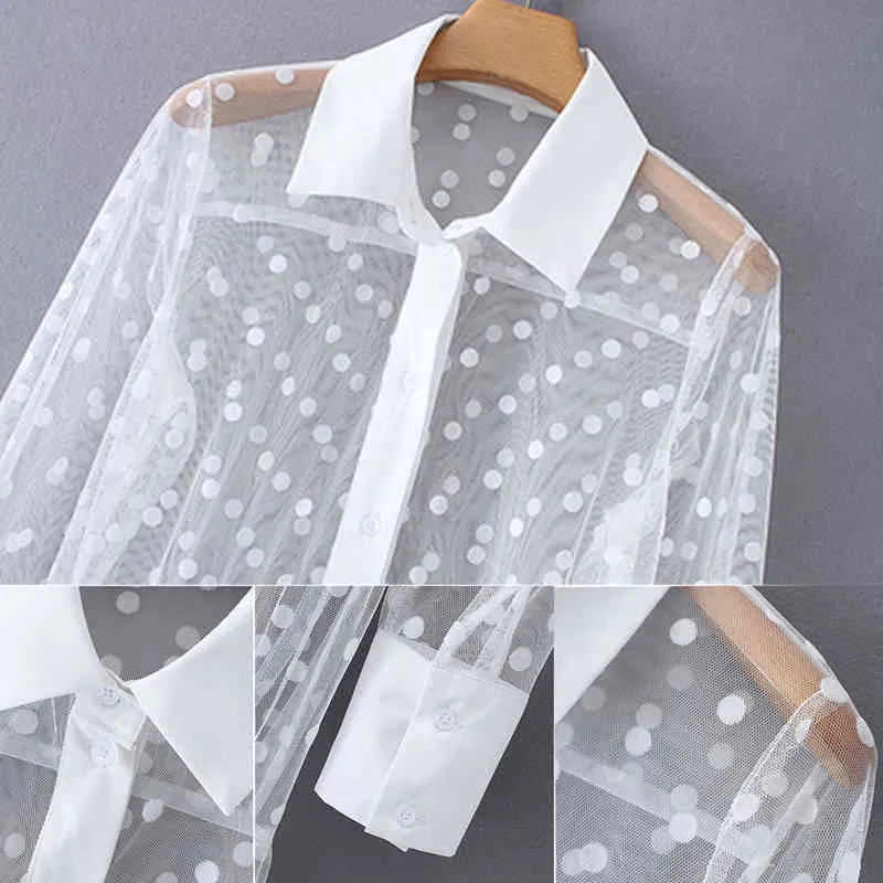 Women Dress Mesh Sheer Transparent Polka Dot Print Lace Cover up Button Hollow Maxi See-through Party Clubwear Beachdress 210522