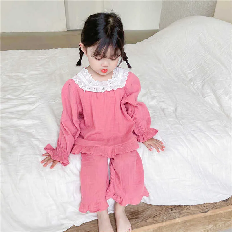 Spring Baby Pajamas à manches longues en coton de coton Peter Pan Collier haut + pantalon Homewear Kids Outfits E0030 210610