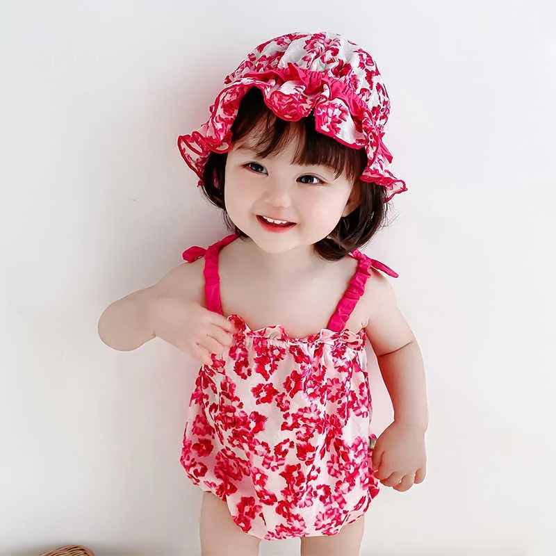 Bébé Floral Barboteuse Fille Coréenne Jarretelles Combinaison Été Toddler Filles Mignon Body Infant Anniversaire Barboteuses avec Chapeau 210615