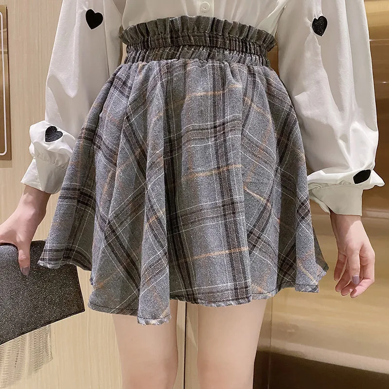 Printemps été femme taille haute mini vintage jupes à carreaux gris style scolaire coréen mode hara juku 210421