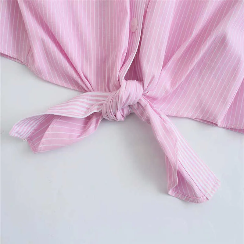 ZA 셔츠 여성 짧은 소매 자른 핑크 탑 세련 된 매듭 밑단 스트라이프 여름 블라우스 여자 pleat 단추 패치 워크 셔츠 210602