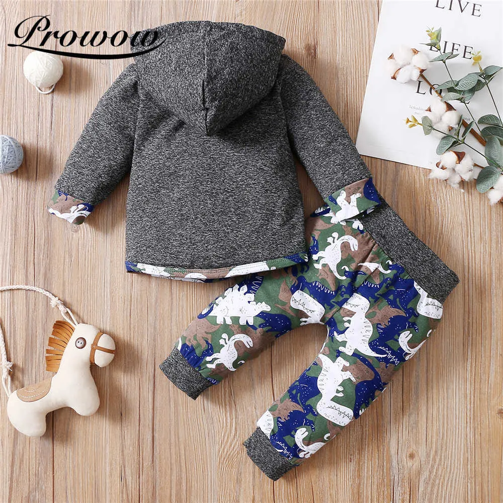 Prowow Patchwork Kids Boys Set di abbigliamento Cartoon Baby Dinosaur Clothes 2 pezzi Ragazzi Top con cappuccio + pantaloni Manica lunga Abiti bambini G1023