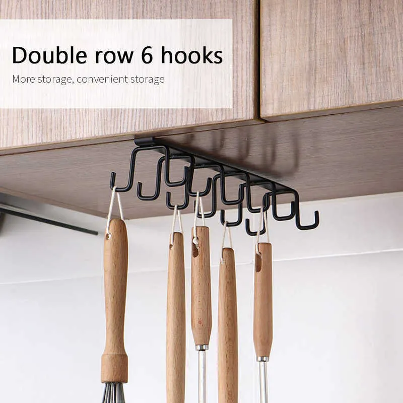 Double-Row Hook Punch-Free Hanging Cup Hållare Hem Skåp Hylla Skåp Kläder Mugg Hylla Garderobshållare Kök Gadgets 210705