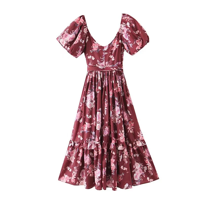 Bright Satin Wine red Flower Print Puff Sleeve Swing Dress Women Off Shoulder V neck Long Party Dresses Elegant Vestido 210429