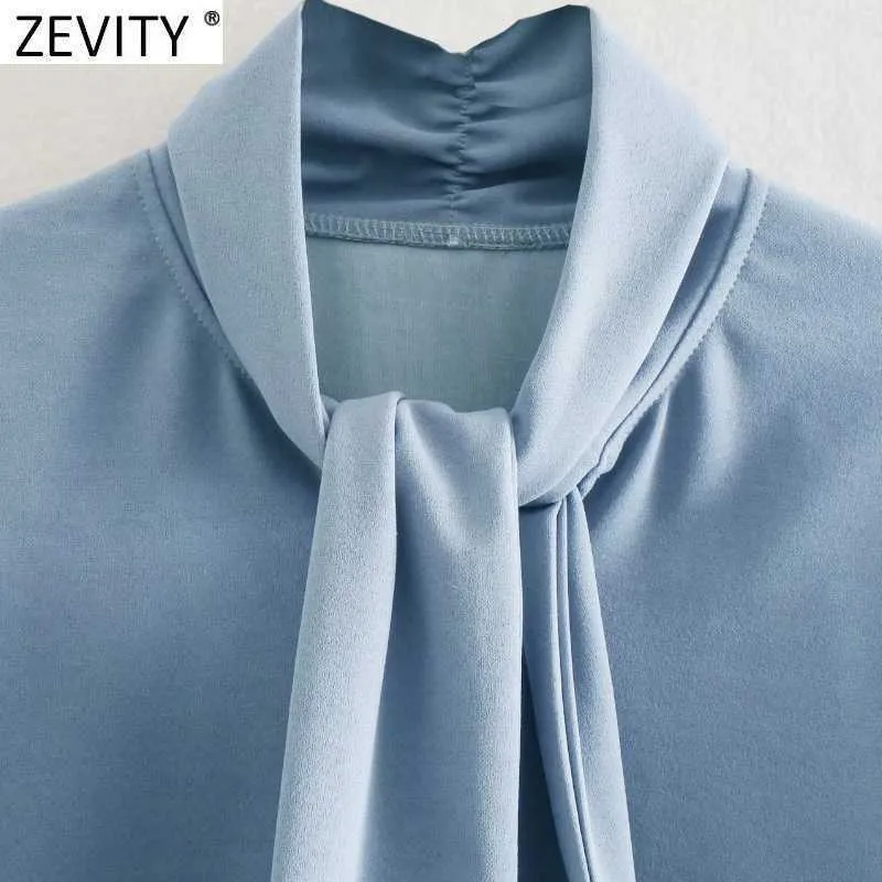 Zevity Femmes Mode Col Montant Noué Solide Casual Smock Blouse Femme D'affaires Kimono Chemises Chic Blusas Tops LS7664 210603