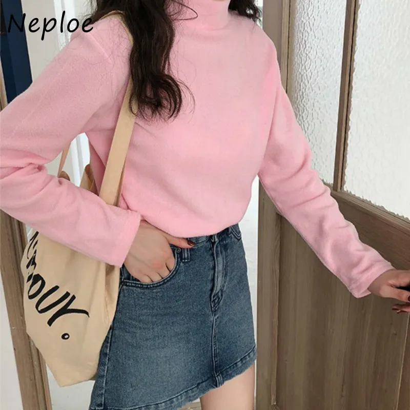 Half High Neck Pullover Long Sleeve Slim Fit T Shirt Women Thicked Warm Solid Pull Femme Autumn Winter Sueter 210422