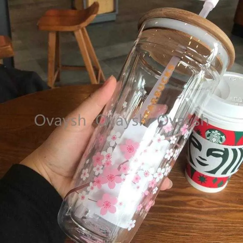 النمط الياباني Starbucks Sakura Wooden Tumblers يغطون كوب القش الزجاجي 591 مل من أزهار الكرز مزدوجة القهوة 80yy80y235c