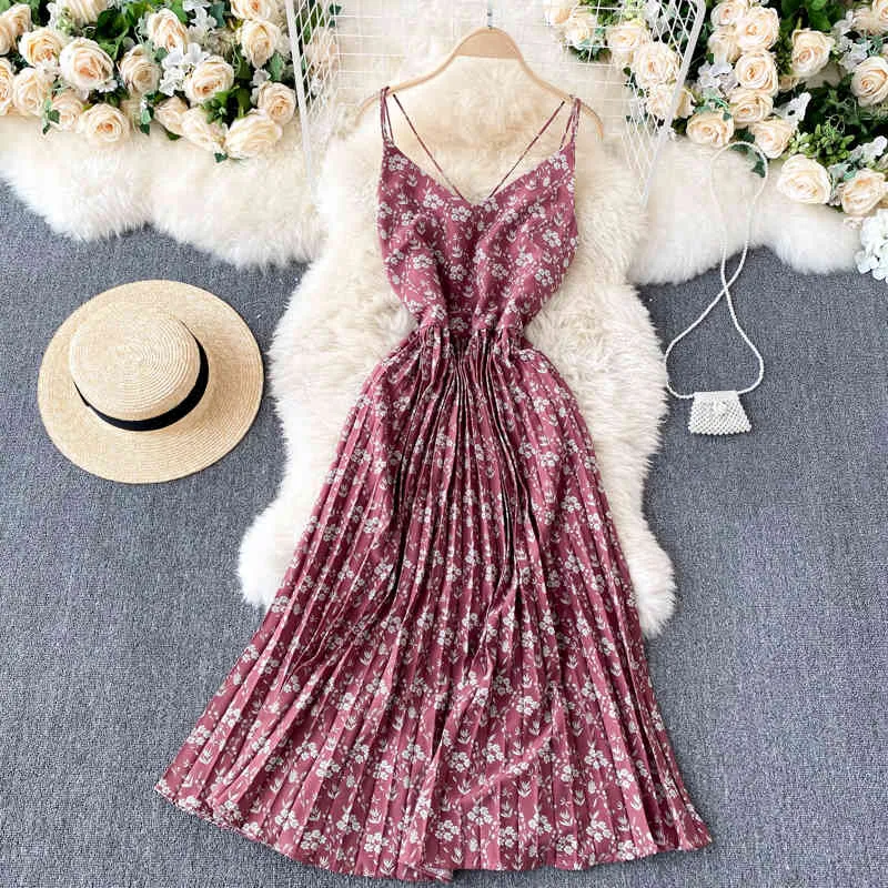 Singreiny Kobiety Kwiatowy Pasek Suknia Seksowna V Neck Bez Rękawów Bez Backless Dresses Linia Summer Boho Off Ramię Plised Beach Dress 210419