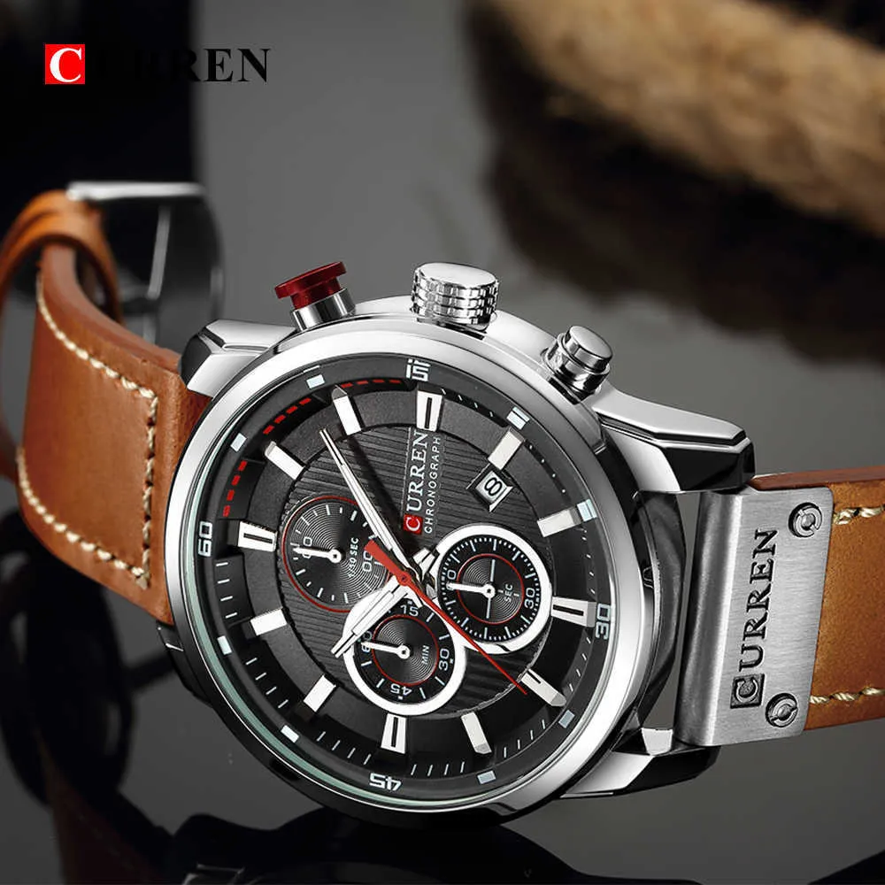 Curren 8291 relógios cronógrafo relógio de couro casual para homens moda militar esporte masculino relógio de pulso cavalheiro relógio de quartzo q0524245s