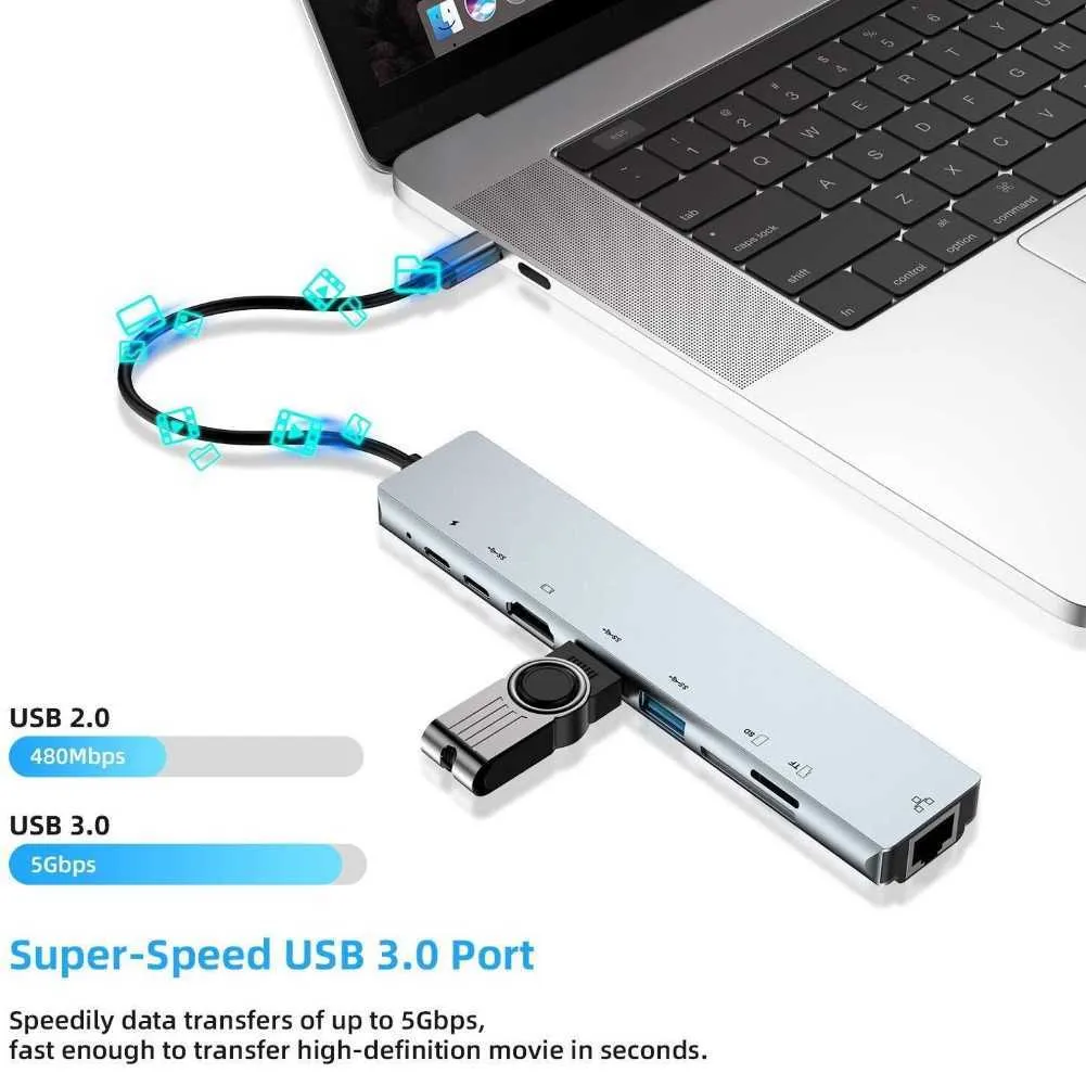 Docking station USB 8 in 1 Docking station da tipo C a 4K RJ45 Adattatore hub caricabatterie USB 3.0 TF PD Dock station caricabatterie rapido