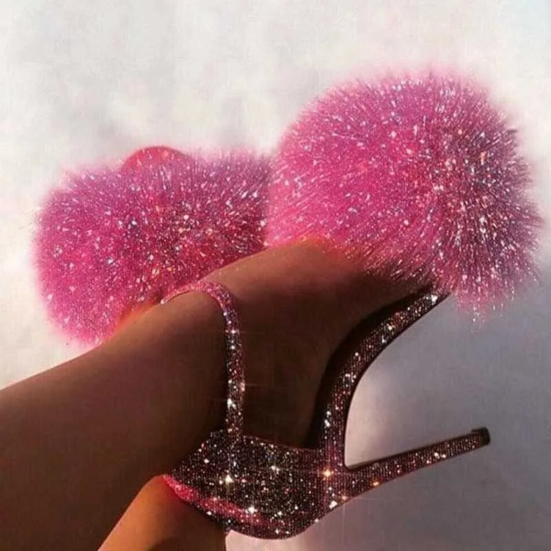 2020 New Arrivals Large Size Thin High Heels Summer Pink Sandals Woman Shoes Shinning Fur Party Bling Women Lady Footwear Y0721