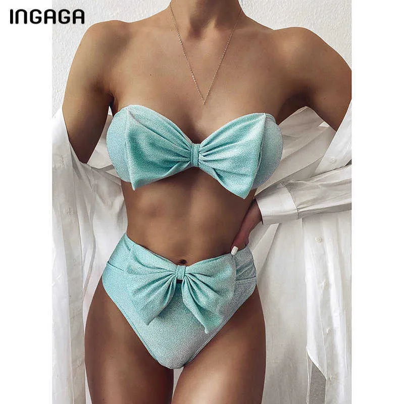 Ingaga Yüksek Bel Bikinis Mayolar Bandeau Mayo Kadınlar Parlak Yay Biquini Katı Straplez Bathers Banyo Takım Elbise 210621