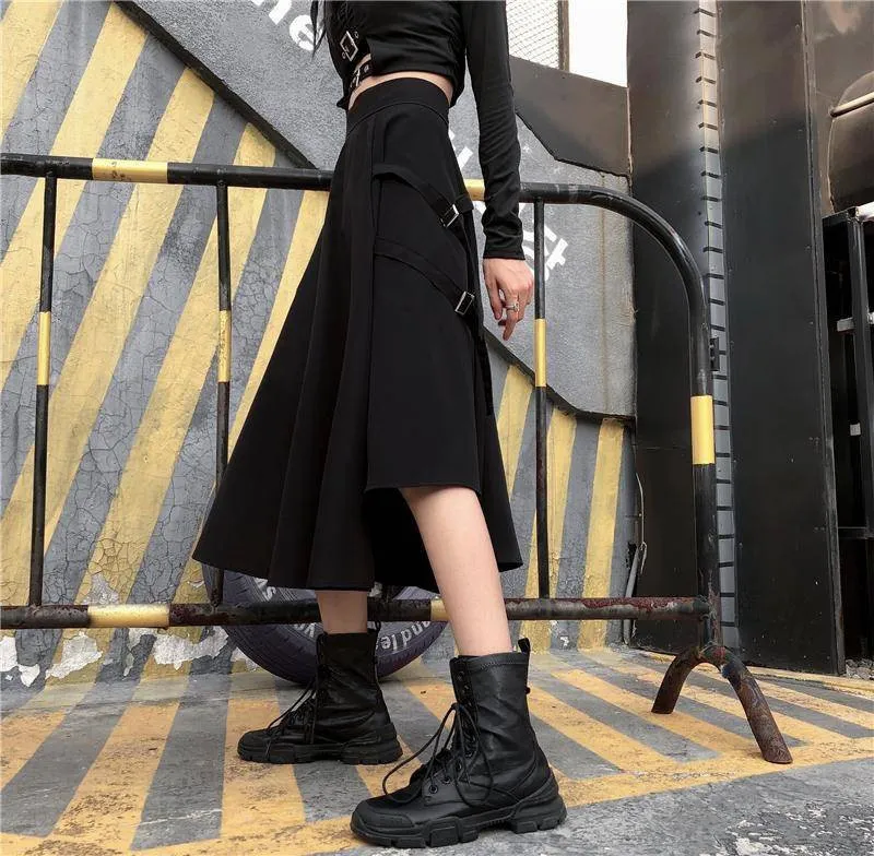 Gothique Punk Femmes Taille Haute Noir Jupes Longues Avec Poche Harajuku Cool Filles Vintage Gris Irrégulier A-ligne De Mode Midi 210421
