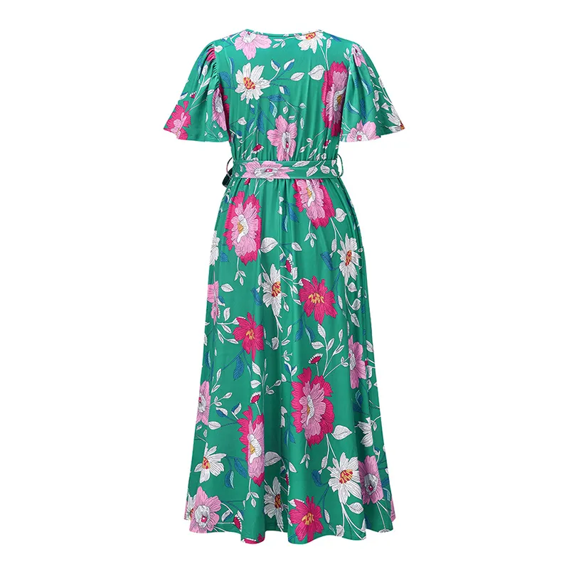 Col en V longue robe d'été femmes mode manches courtes papillon imprimé fleuri tunique plage fête Midi robe d'été femme 210421