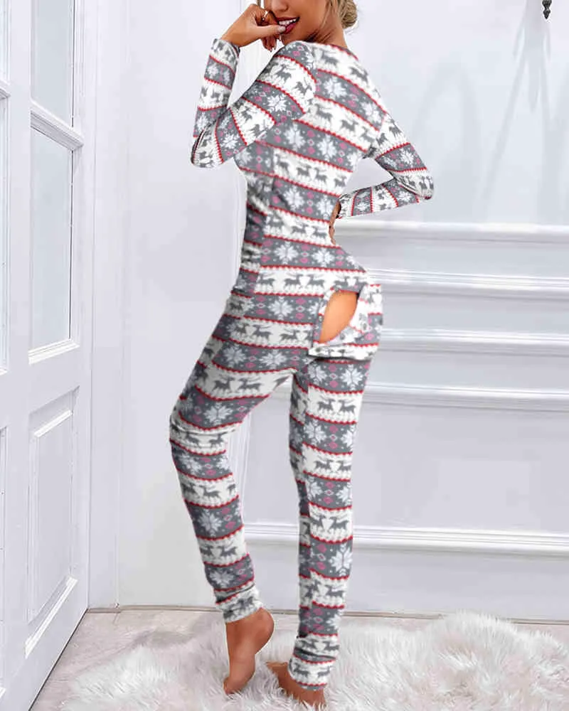 Neujahr Weihnachten Plaid Funktionelle geknöpfte Klappe gedruckt Erwachsene Pyjamas Anzug Einteiler Sleevewear abnehmbare Overalls 210415
