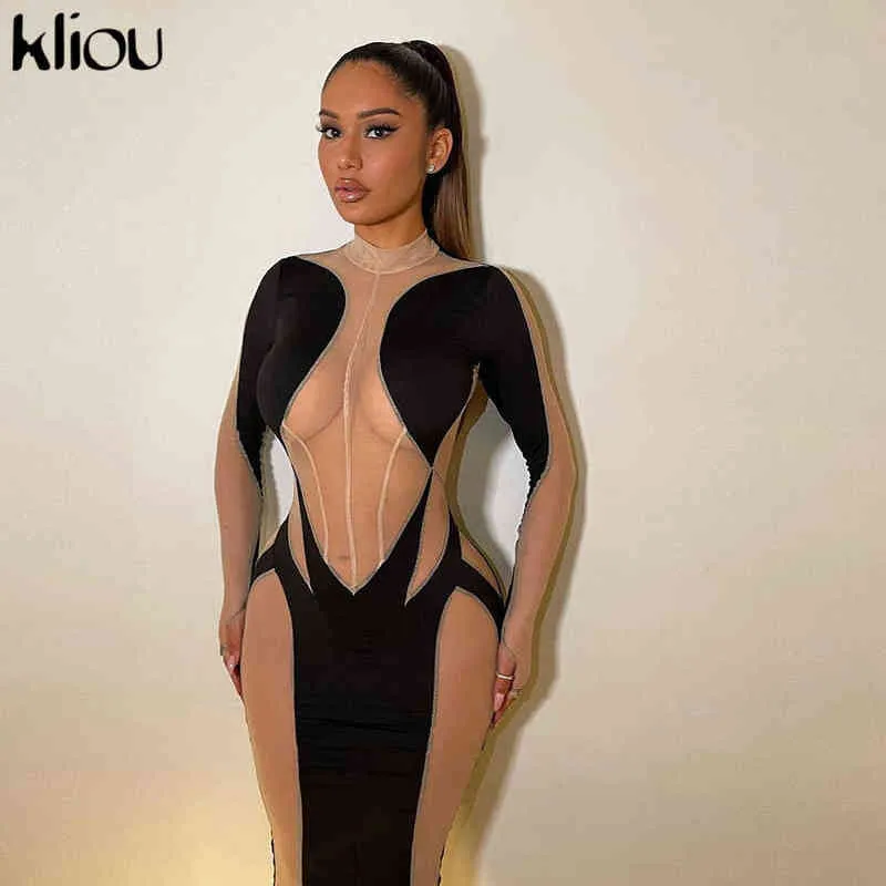 Kliou Sexy See Through Maxi Dress for Women Sheath Paisley Cleavage Long Sleeve Turtleneck Shaped Waist Clubwear Female Skirts Y1204