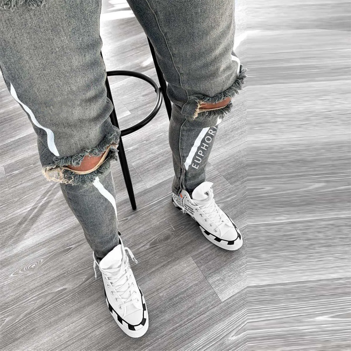 2021 Jeans Hommes Taille élastique Skinny Jeans Hommes Stretch Pantalon déchiré Streetwear Mens Denim Jeans Ripped Jean Stripes X0621