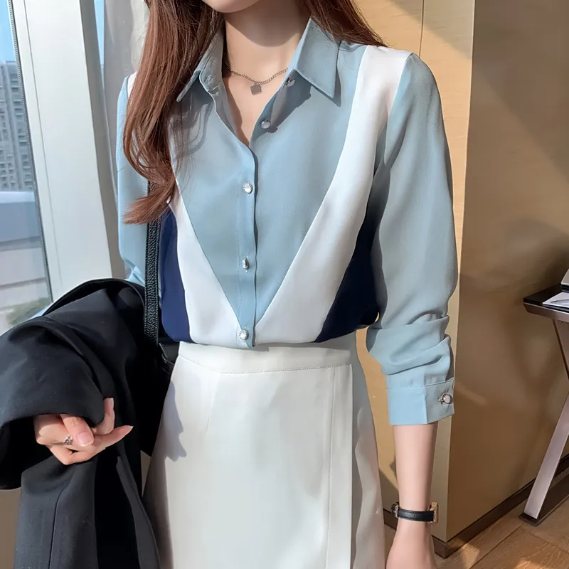 Damskie szczyty i bluzki Koreański styl Luźna bluzka Kobiety Koszule Polo Collar Z Długim Rękawem Patchwork Casual Odzież 210507