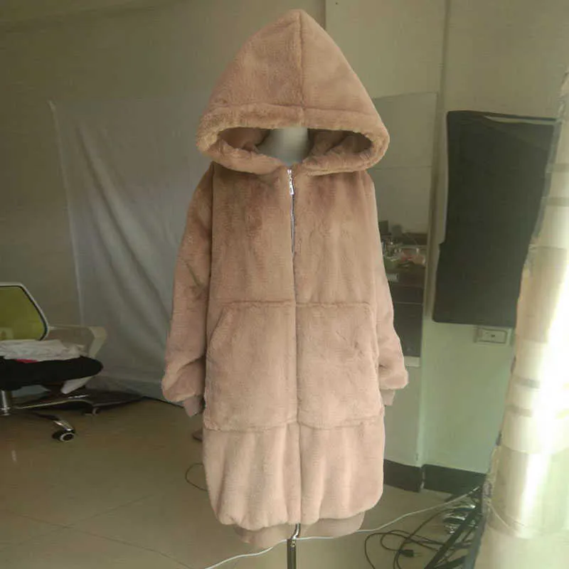 Abrigo de piel sintética de invierno de gran tamaño para mujer Parka larga y cálida chaqueta de piel sintética abrigos sudaderas con capucha abrigo de invierno suelto Outwear Casaco feminino 210817