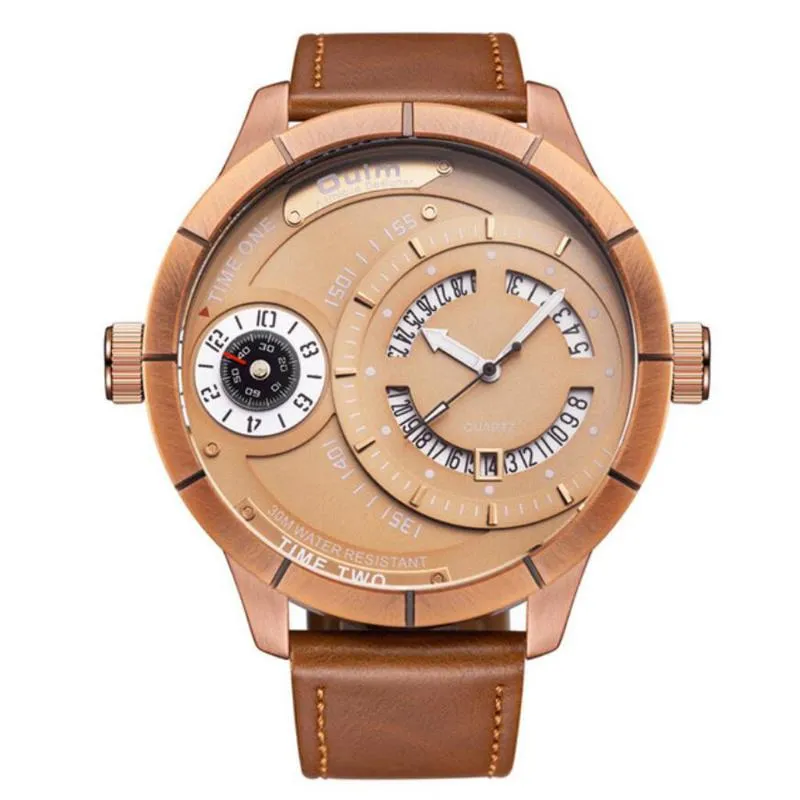 Наручные часы 2021 Персонализированные часы Oulm Мужские спортивные часы Розовое золото Два часовых пояса Календарь Кварцевые большие часы Relogios Masculino253K