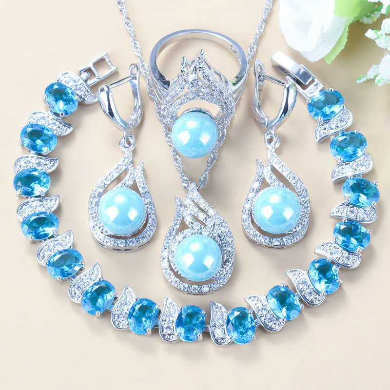 Ensembles de bijoux de mariage de mariée bleu ciel Zircon perles d'eau douce naturelles balancent/boucles d'oreilles/Bracelet/bague femmes Costume H1022