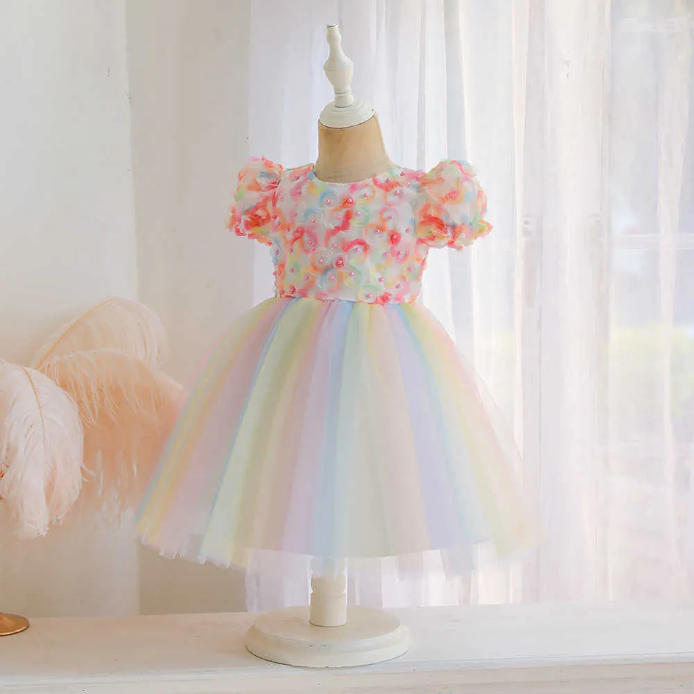 Colorful Girls Flower Dress for Kids Petals Rainbow Color Tulle Lolita Princess Toddler Party Costume 210529