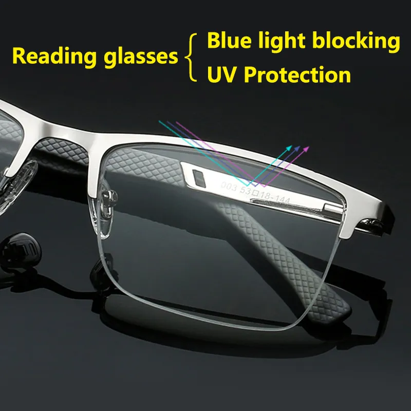 Ultra UV-bescherming Computer leesbril Mannen Presbyopie Anti-Blue Light Blokkeren Metalen Half Frame Zilver 1,5 2.5