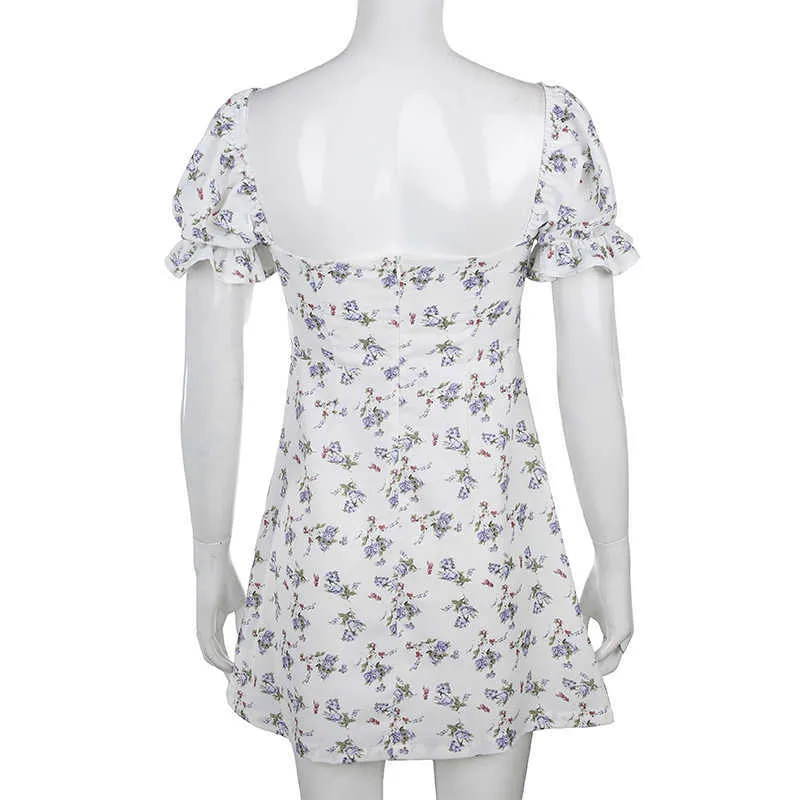 WAATFAAK White Casual Floral Dames Jurk Bandage Ruched Summer Mini Dress Office Puff Sleeve High Street Aline Dames Jurken Y0603