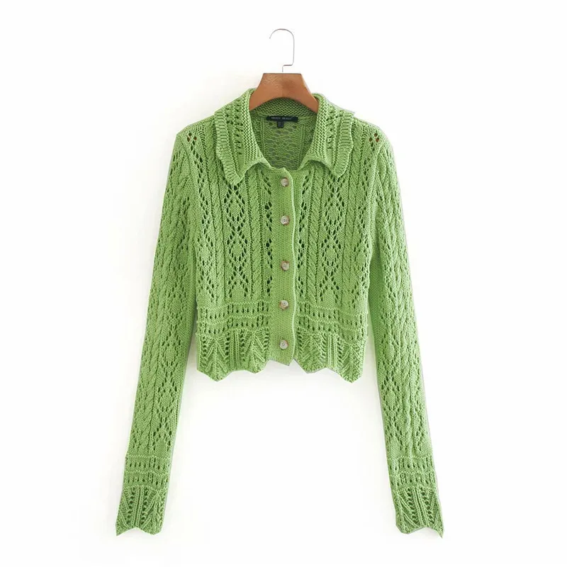 Femmes décontracté été vert pull Chic dame mode à manches longues simple boutonnage tricoté Cardigans évider chandails 210421