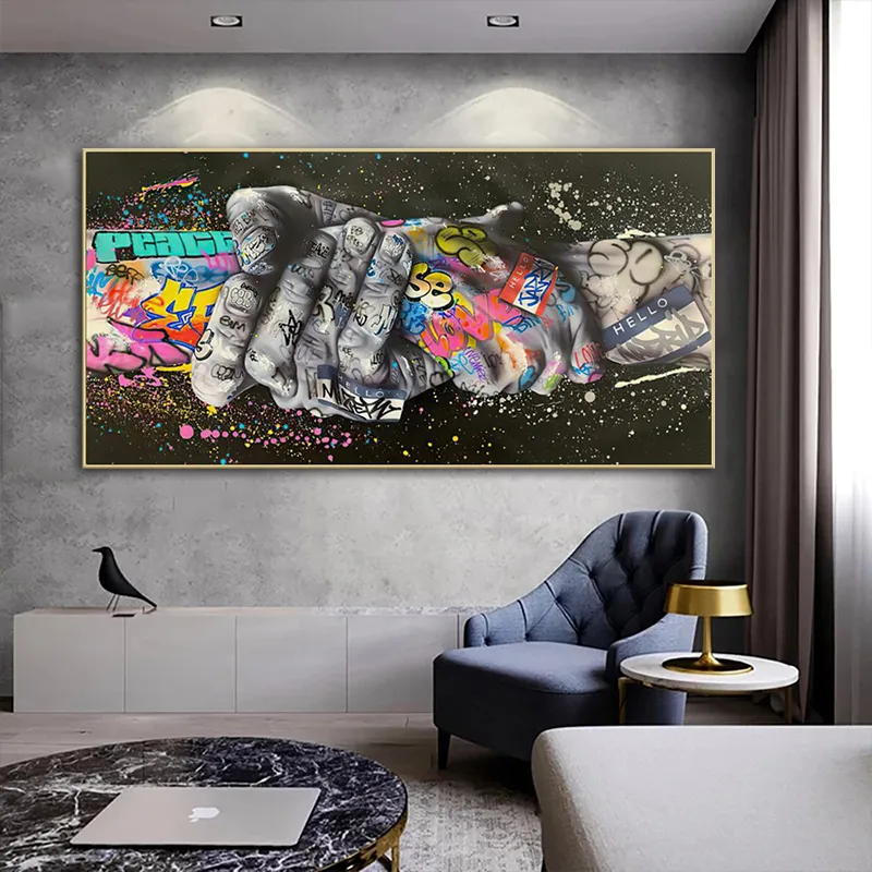 Graffiti Art Handshake Gesture Painting on Canvas Posters and Prints Street Wall Art Picture for Living Room Cuadros Home Decor