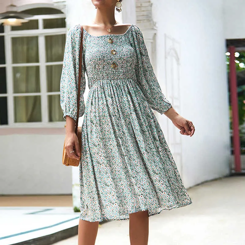 Fashion Boho Women Dress Floral Printed Vintage Square Collar Lantern Sleeve Button Spring Autumn Female Beach Dresses W190 210526