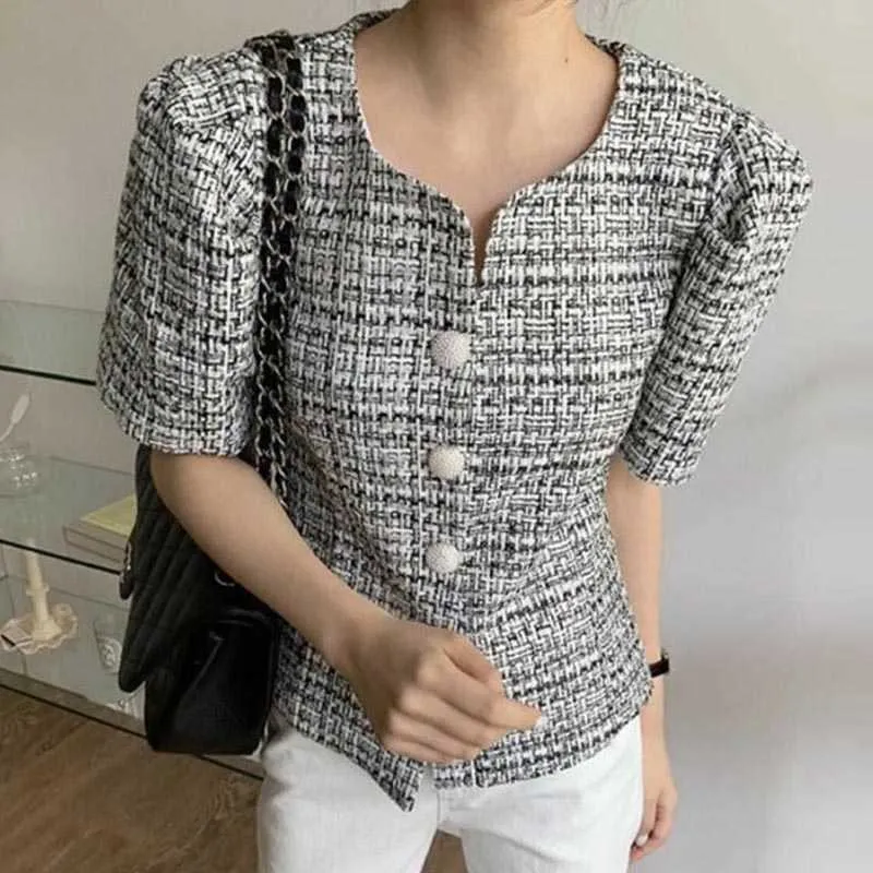 Korejpaa Women Jacket Summer Korean Chic Ladies Retro V-Neck Single-Breasted Design Loose Thin Puff Sleeve Tweed Short Coat 210526