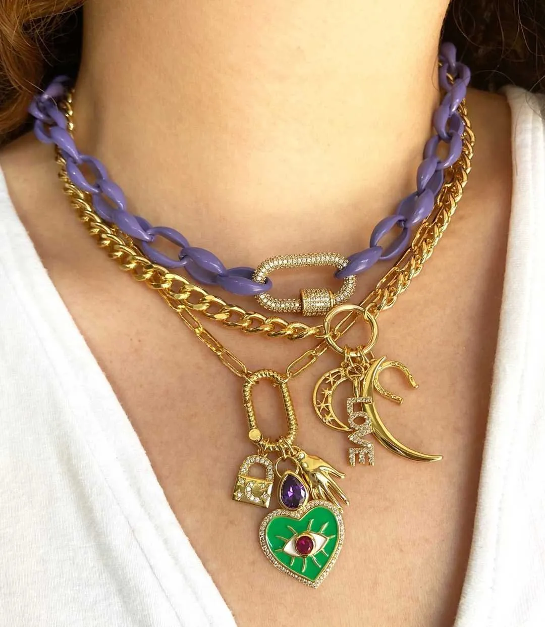 3 pièces, mode coloré néon émail perle lien grosse chaîne collier ras du cou bijoux gothiques