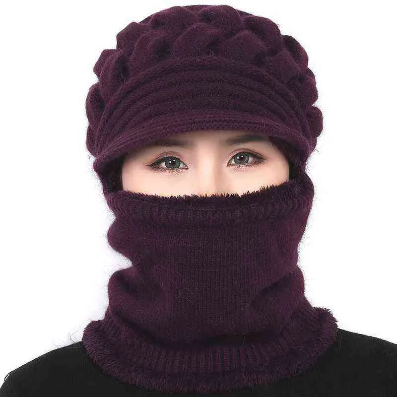 Coral Fleece Winter Hat Beanies Women's Hat Scarf Warm Breathable Wool Knitted Hat For Women Double Layers Protection Caps Y21111