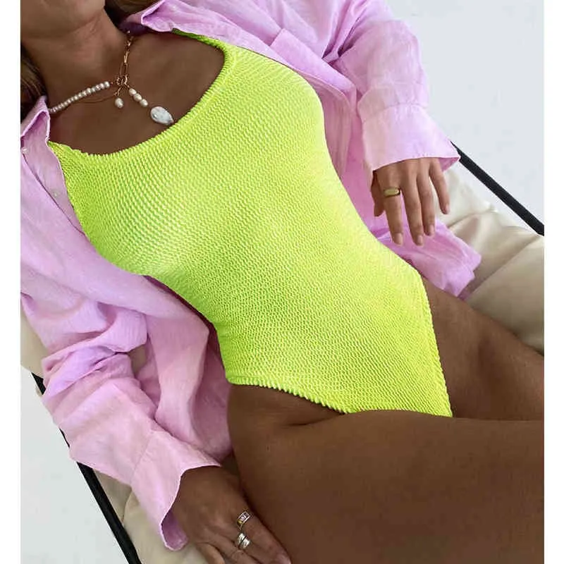 2021 Sexy Women One Piece Swimsuit Solid Swimwear Female Backless Thong Brazilian Halter Monokini Bathing Suit Bather Beach Wear G220308
