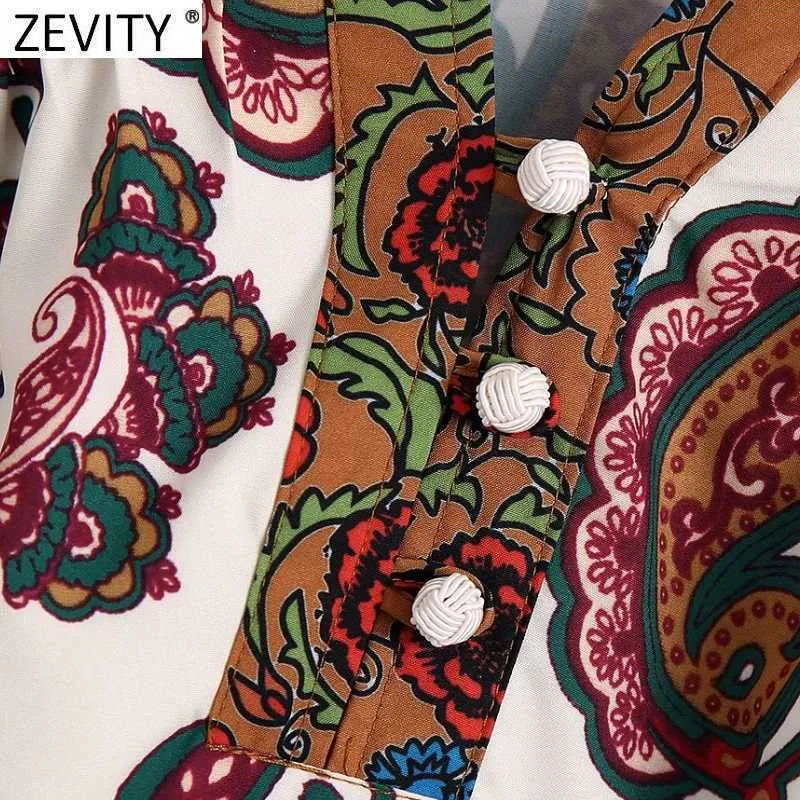 Zevity Women Vintage V Neck Paisley Casual Smock Blouse Ladies Chic Press Totem Floral Print Femininas Shirts Blusas Tops LS9336 210603