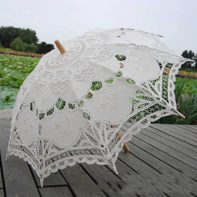 Lace Parasol Umbrella Wedding Umbrella Elegant Lace Umbrella Cotton Embroidery Ivory Battenburg H1015235m