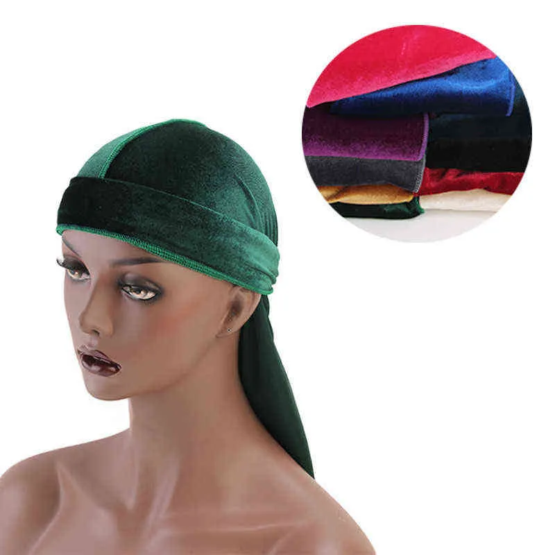 Unisex Velvet Durag Long Tail and Wide Straps Waves for Men Solid Wide Doo Rag Bonnet Cap Comfortable Sleeping Hat Wholesale Y21111