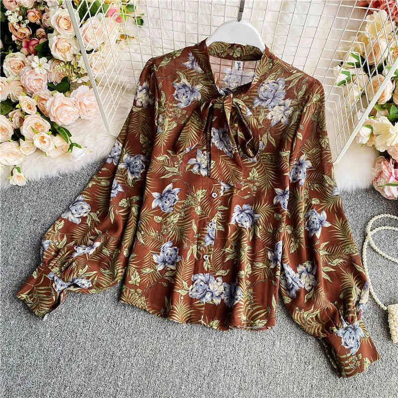 Women Early Autumn Shirt Long-sleeved Design Loose Japan Korean Style Printed Bow Chiffon Female Blusa Tops GX1104 210507