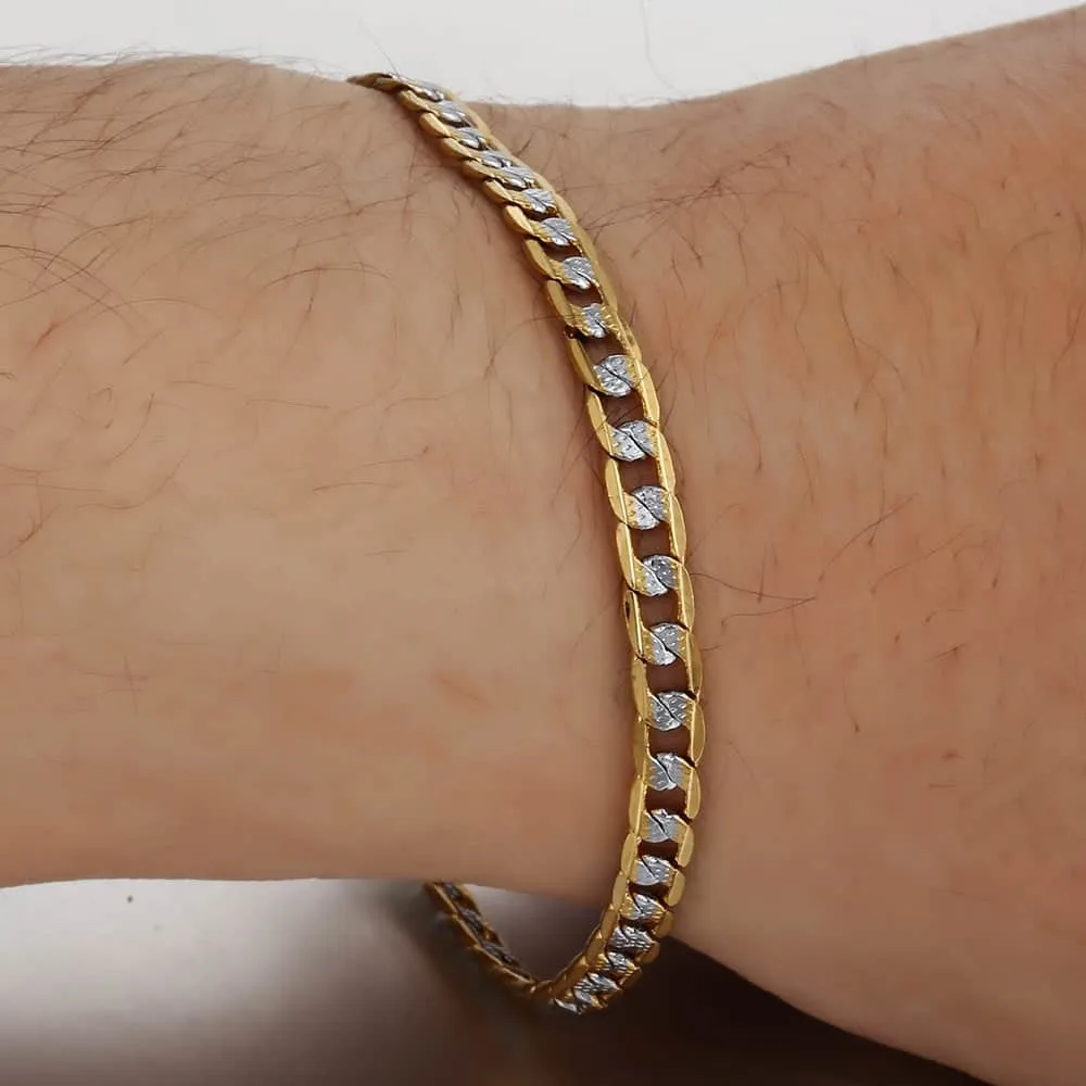4 mm flache gehämmerte Bordstein-Halskette, Armband, Gold-Mix, Silberfarbe für Damen und Herren, Schmuckset GN64A288n