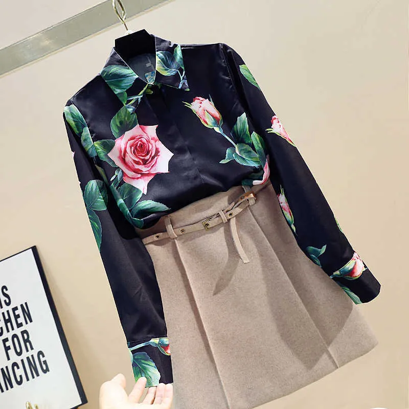 Весна осень женская рубашка с длинными рукавами роза цветок моды все матч печатные топы блузка женщины GD587 210719