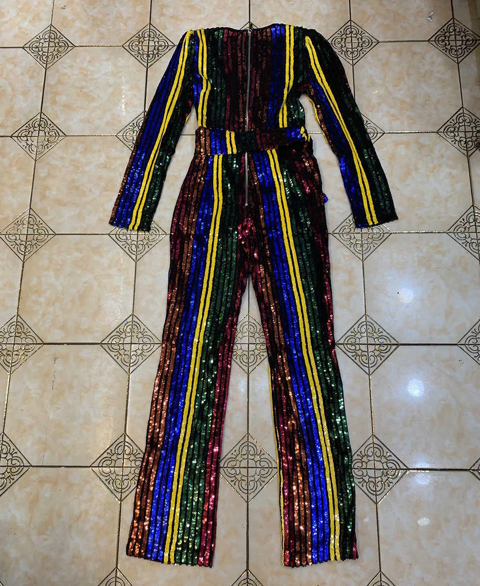 Mono de fiesta de celebridad con diseño de cinturón de manga larga con cuello en V y lentejuelas a rayas multicolor a la moda 210525