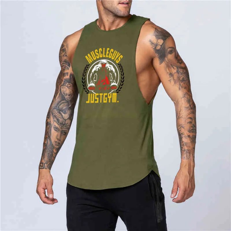 Siłownia Koszula Bez Rękawów Mężczyźni Kulturystyka Tank Topy Fitness Trening Bawełna Drukuj Singlet Stringer Undershirt Mężczyzna Casual Letnia Kamizelka 210421