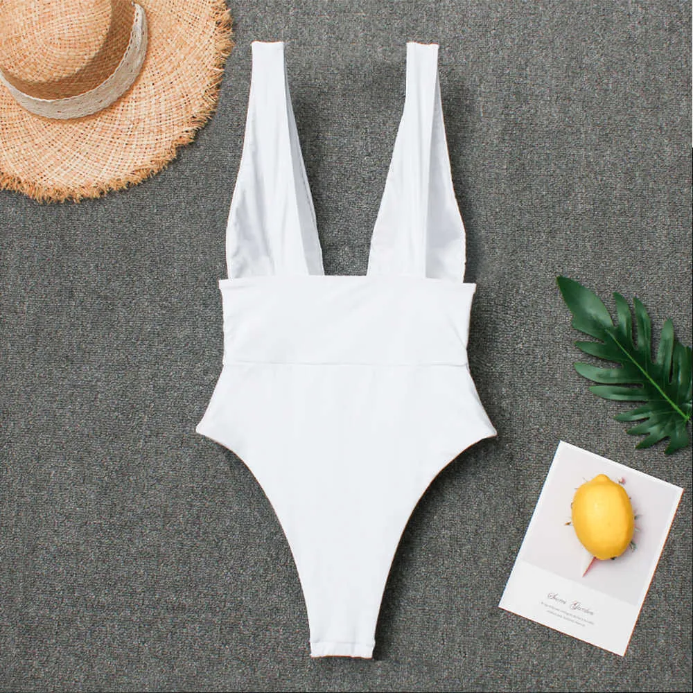 Tiefer V-weißer Monokini-Tanga-Badeanzug-Frauen-Badeanzug-Bodysuit-Schwimmen-Abnutzungs-weibliche Sex-Badebekleidung 210702