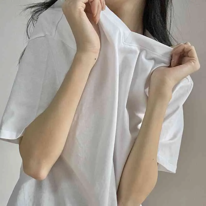 Zomer Korte Mouw Wit T-shirts voor Vrouwen Elegante V-hals Pullver Tops Vrouwelijke Casual Losse T-shirts Drop 210514