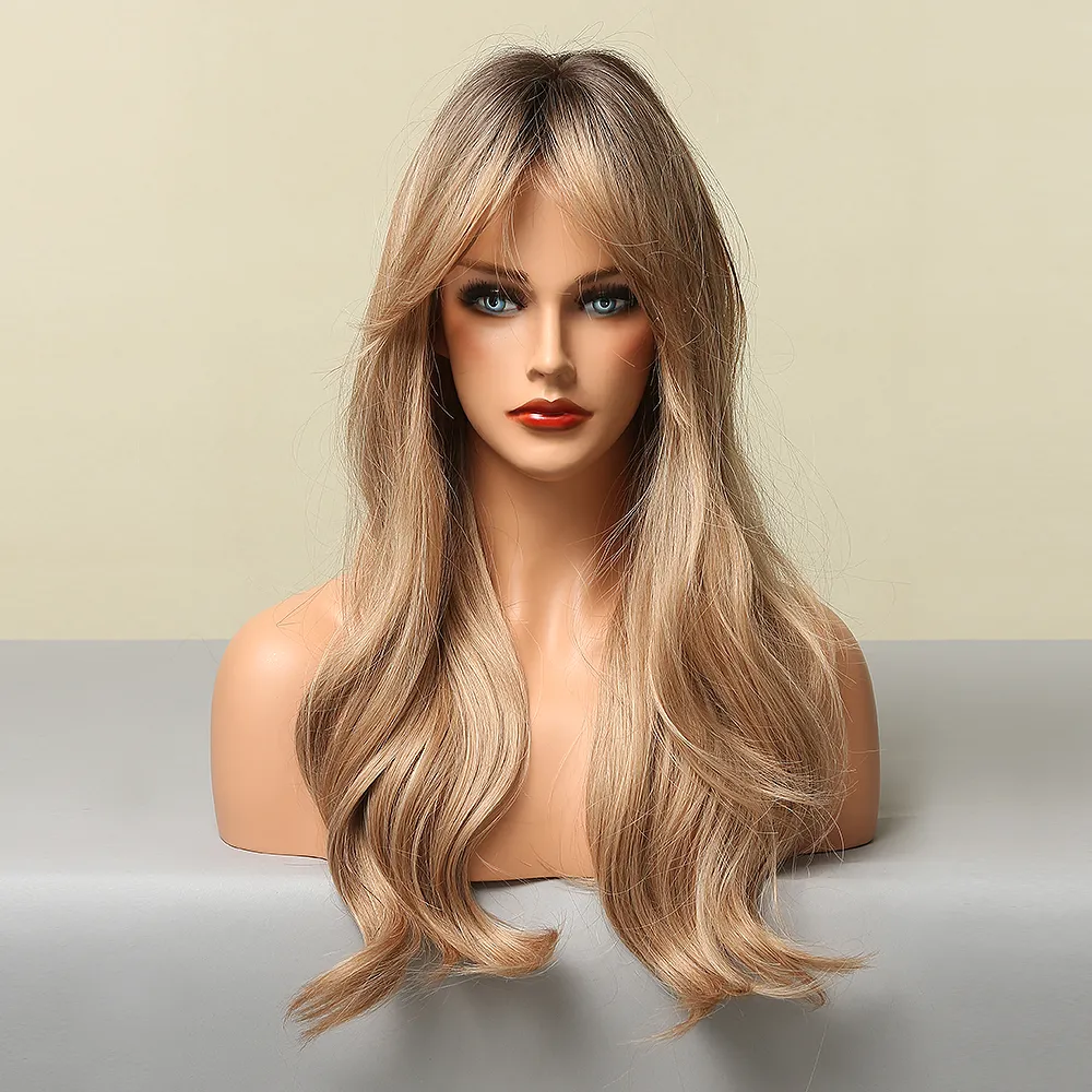 Long Light Ash Blonde pelucas de cabello humano tejido marrón miel ombre trenzado Natural ondulado sintético con flequillo Fibra resistente al calor Daily Party Hair Cosplay para mujeres