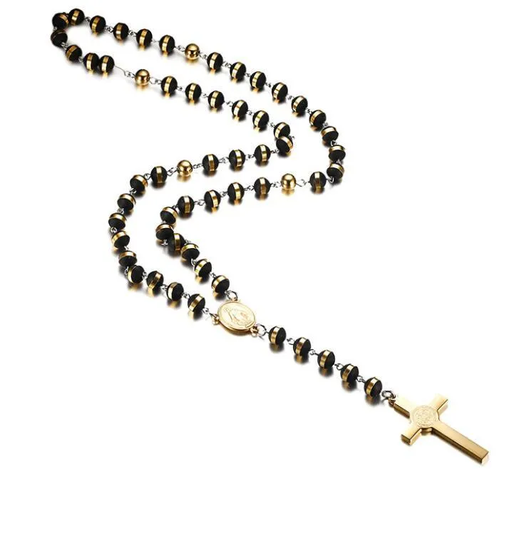 Chaînes 30 8mm en acier inoxydable chapelet perles collier noir et or couleur avec saint jésus-christ crucifix croix pendentif hip-h273j